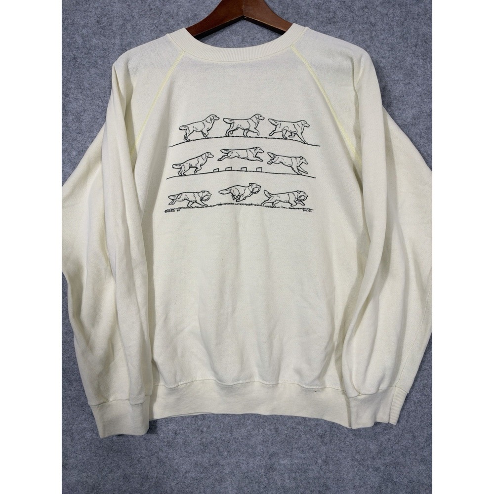 Vintage Hanes Dog Graphic Sweatshirt Large Cream Raglan Made USA Retriever Hunt